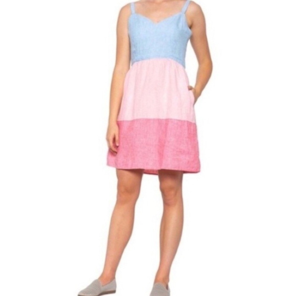 100% Linen Pastel‎ Blue Pink Color-Block Mini/Knee Length Dress  8 NWT